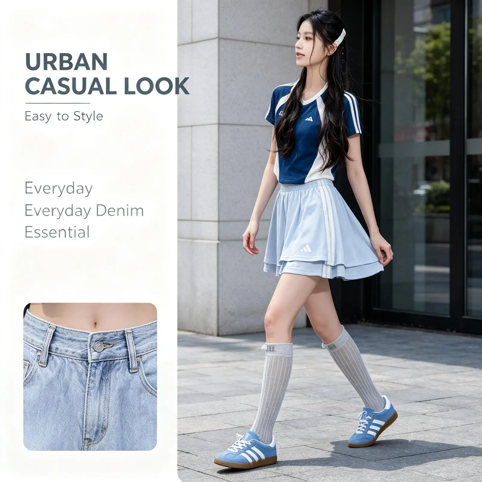 Adidas 2026 Hot Blue High Waist Denim Skirt Women A-Line Mini Skirt Button Fly Casual Daily Wear  JY7633
