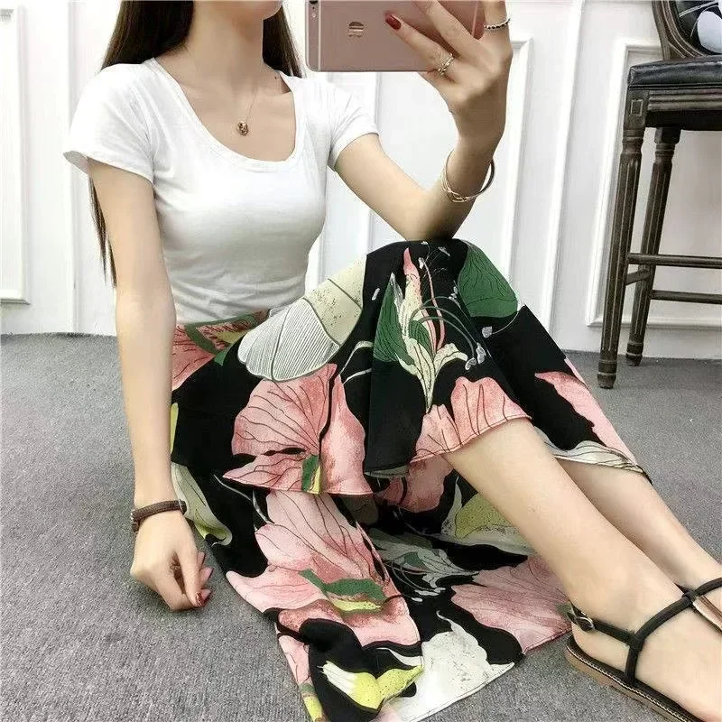 Summer Beach Floral Skirt for Women Cotton High Waist Wrap Maxi Skirt Long with Side Slit & Tie Detail Boho Style Design