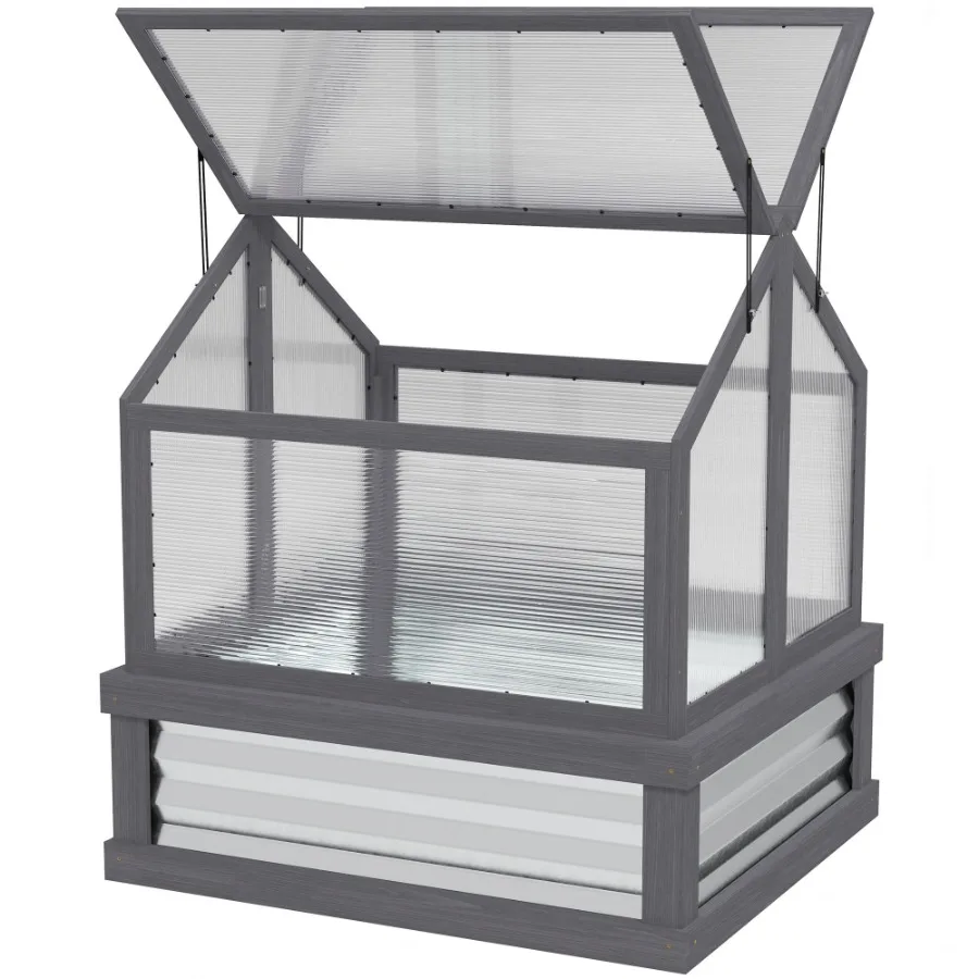 

Raised Garden Flower Bed Kit with Greenhouse Wooden Cold Frame Planter 35.5 x 31.5 x 36 Gray