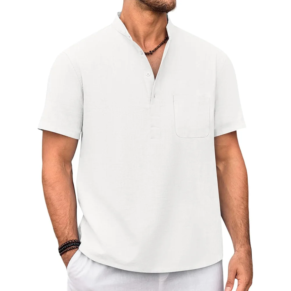 

Cotton Linen T-shirt for Men Henley Neck Casual Solid Color Tees Short Sleeve Lightweight Breathable Vacation Beach Style Tops