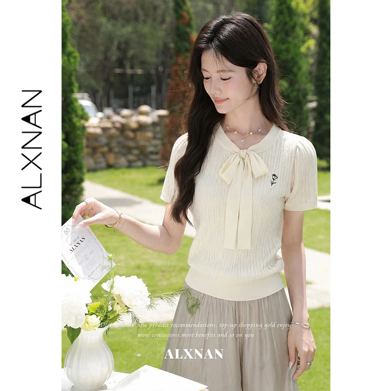 ALXNAN Summer Women's White Pullovers Short Sleeve V-neck Floating Bow Accented Rose Embroidery On Chest Female Tops L67323A