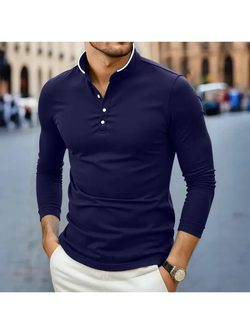 2025 Neues Herren Casual und Modisches Einfarbiges Langarm-T-Shirt mit Stehkragen Sommer Vielseitiges und Bequemes Oberteil