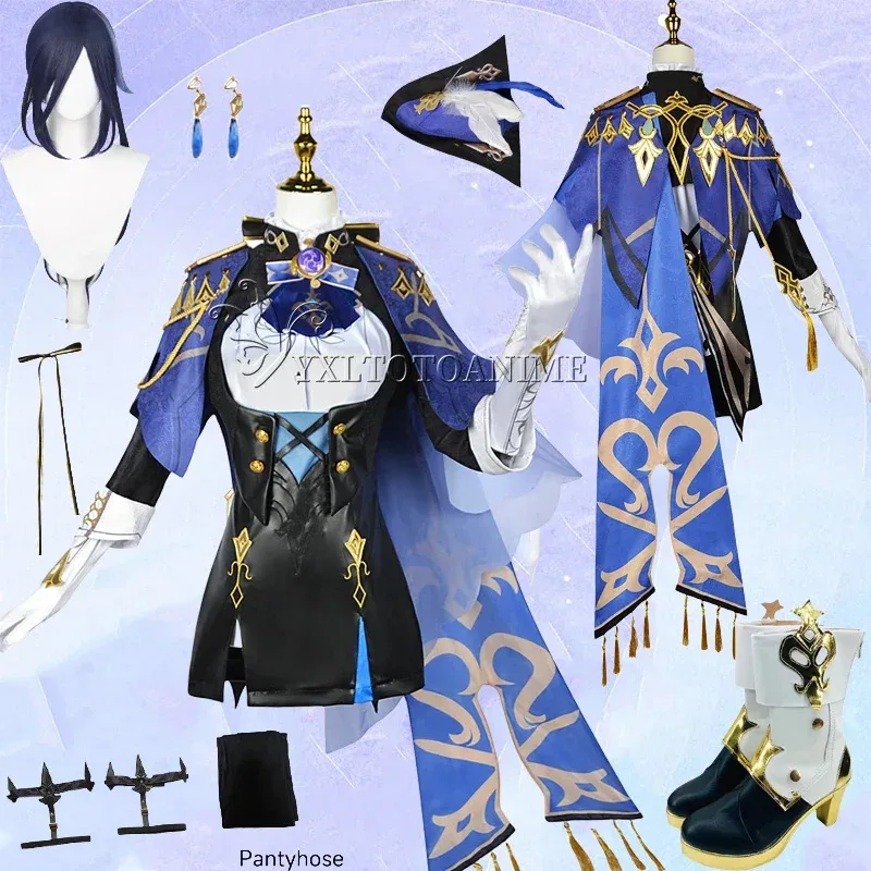 

Game Genshin Impact ClORinde Cosplay Costume Wig Hat Fontaine Uniform Earrings Halloween Party Costume for Women Role Play Prop
