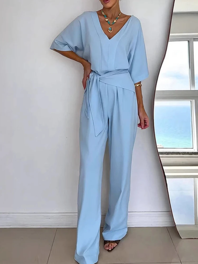 

Simple Solid V-neck Short Sleeved Romper Summer Office Casual Lace Up Wide Leg Pants Jumpsuit Women's Fashion Loose Playsuits