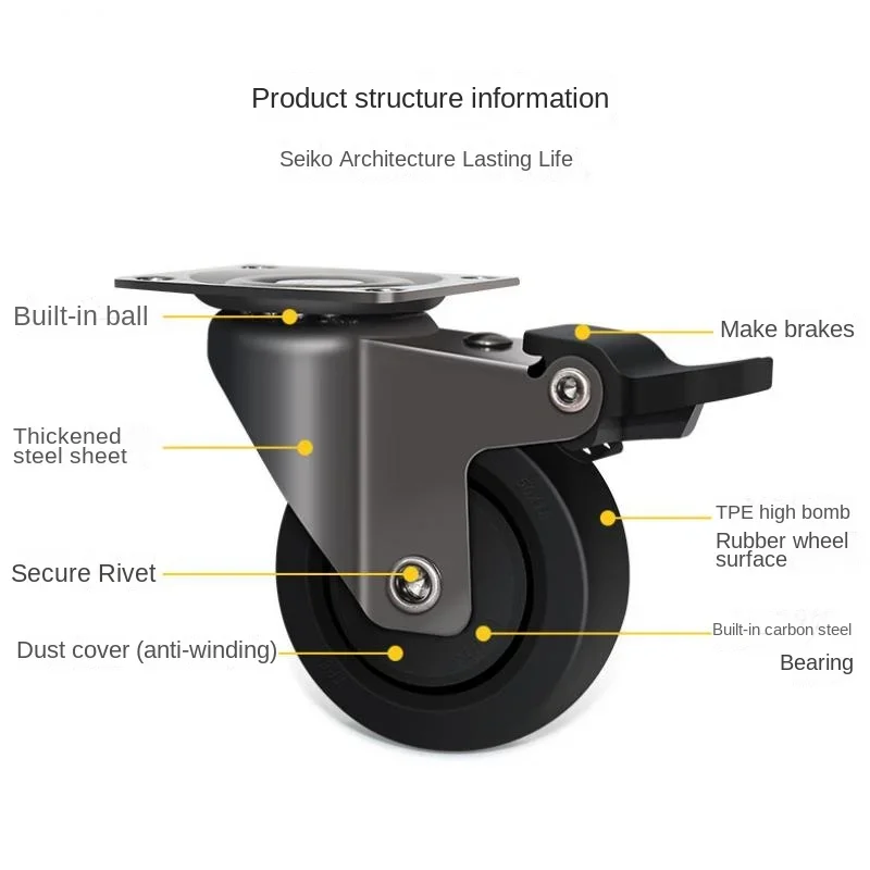 4pcs Universal Swivel Casters with Brake - Silent Rubber Wheels for Furniture, 2/2.5/3 inch Load-Bearing Mobile Rollers