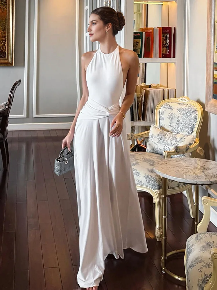 

Elegant Halter Neck Lace-up Backless Long Maxi White Dress Women's Summer Sleeveless Ruched A-line Evening Party Prom Dresses