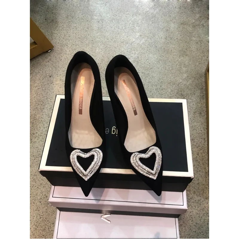 

2025 spring new rhinestone high heels women's black thin heel pointed shoes versatile fashion professional work commuter shoes