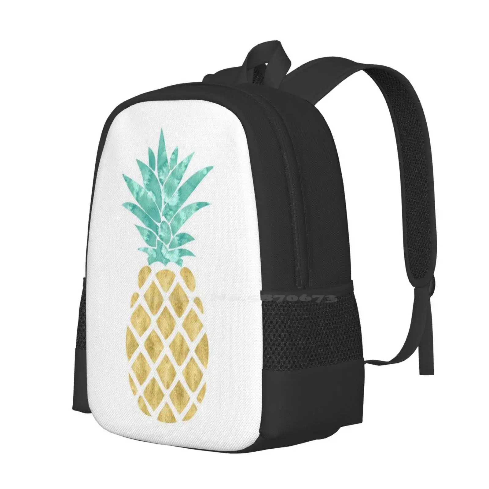 Mochila dorada para estudiantes universitarios, bolsa de diseño con patrón de piña, fruta, playa Tropical, Hawaii, acuarela dorada, verde azulado, Aqua