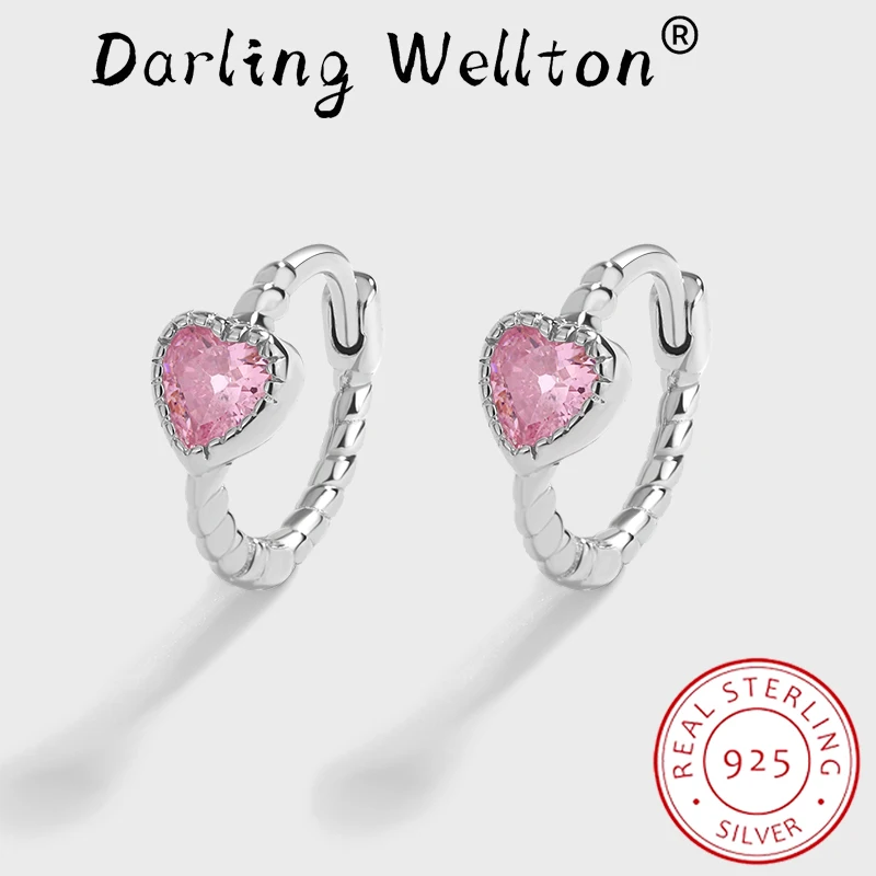 

Classic Heart Shape Pink Stone Earrings For Women Love Geometric Full Diamond Original Sterling Silver Anniversary Gift Jewelry