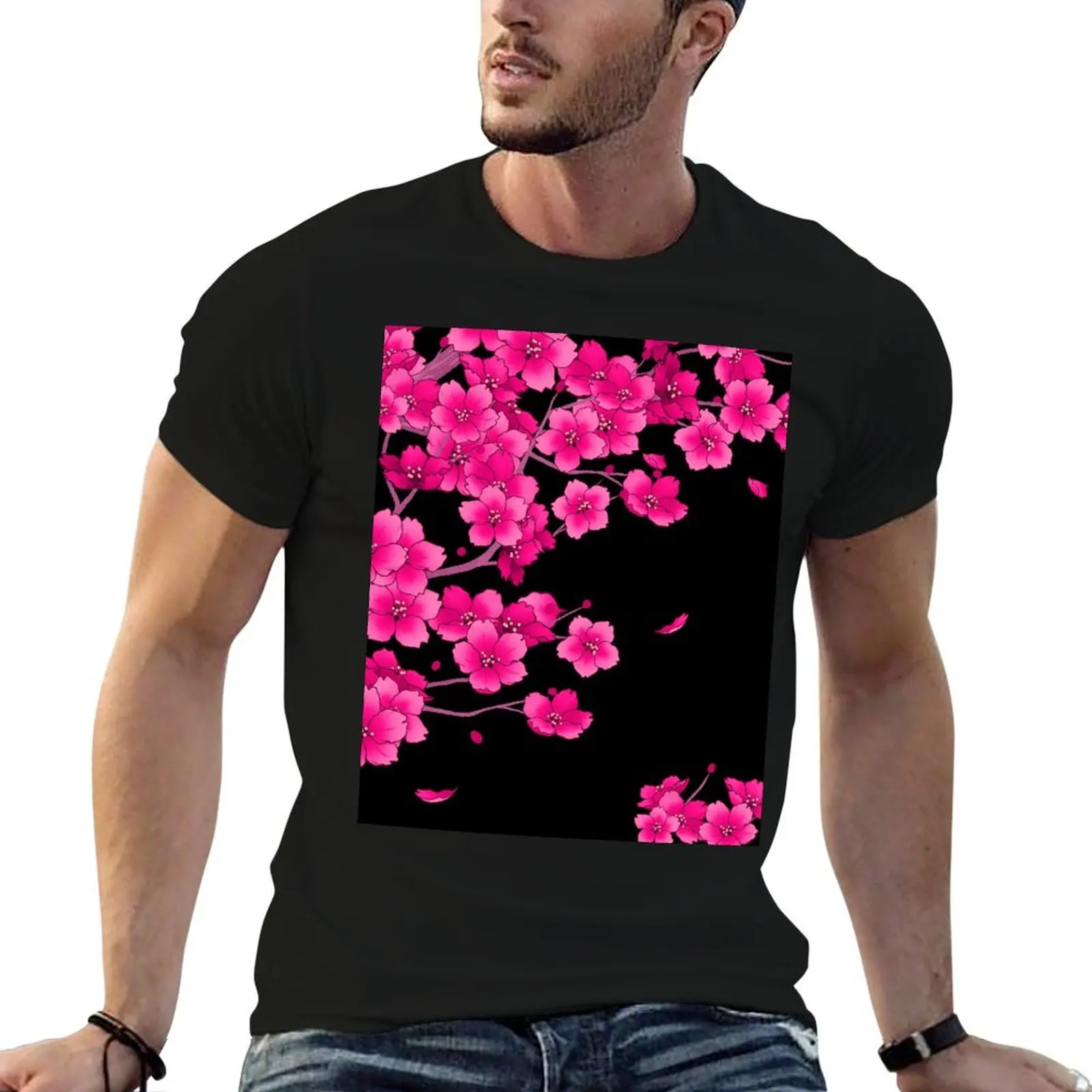 

Falling Neon Hot Pink Sakura Cherry Blossom T-Shirt cotton t shirt pack funny t shirts cotton funny t shirts dark humor T-Shirt