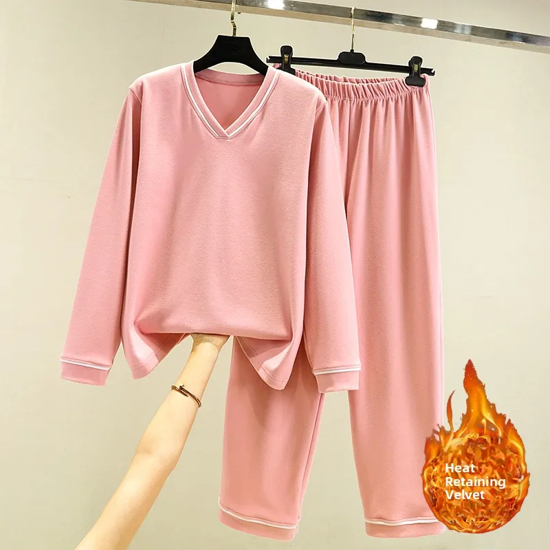 

Women's Fleece Lined Home Clothes Set Thick Long Sleeve Loose T-Shirt Casual Pants Two Piece Set Warm Comfortable Sleepwear