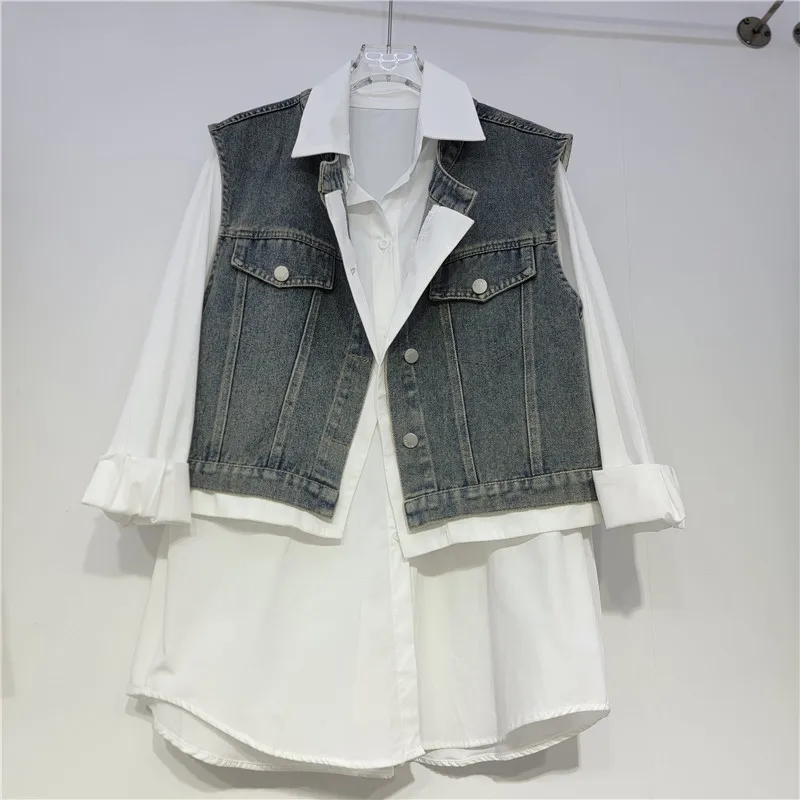 SuperAen-Chaleco vaquero corto de estilo coreano para mujer, camisas holgadas a rayas Vintage simples con cuello de solapa nueva, otoño 2025