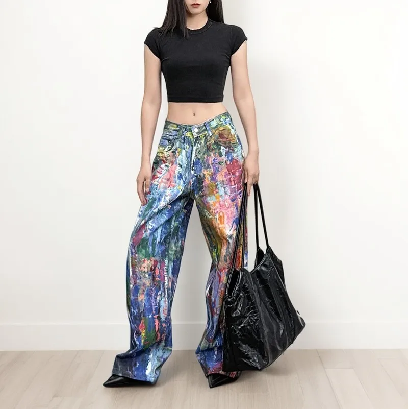 Oil Painting Matching Ink Splashing Large Size Jeans Women Niche Design Sense Hip Hop Loose Straight Wide Legs Mopping Trousers