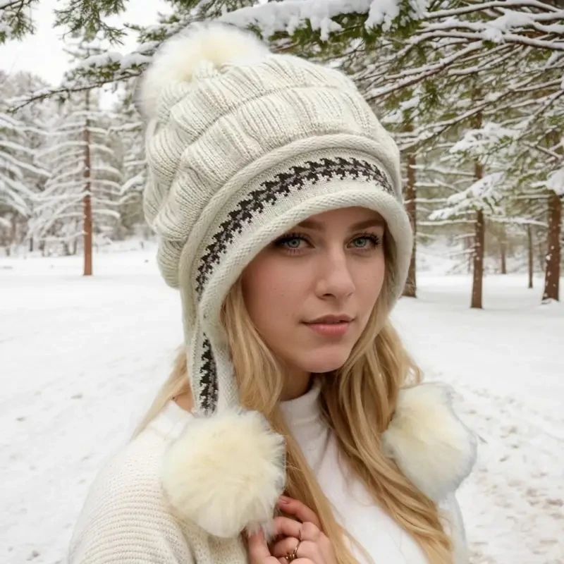 Winter Knit Hat Without Gloves Set with Ear Flaps - Cozy Fleece-Lined, Thickened Warmth for Outdoor Cycling