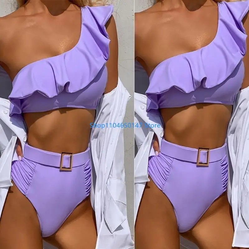 Womens Sexy 2 Piece Set Shoulder Flounce Crop Top High Waist Buckle Belted Ruched Thong Swimsuit Solid Color