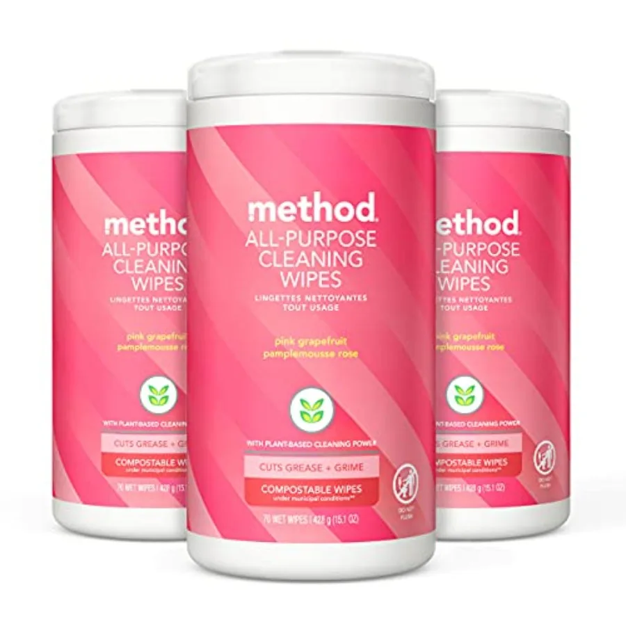 

Универсальные чистящие салфетки Method Pink Grapefruit для различных поверхностей, компостируемые, 70 штук, упаковка из 3 пачек