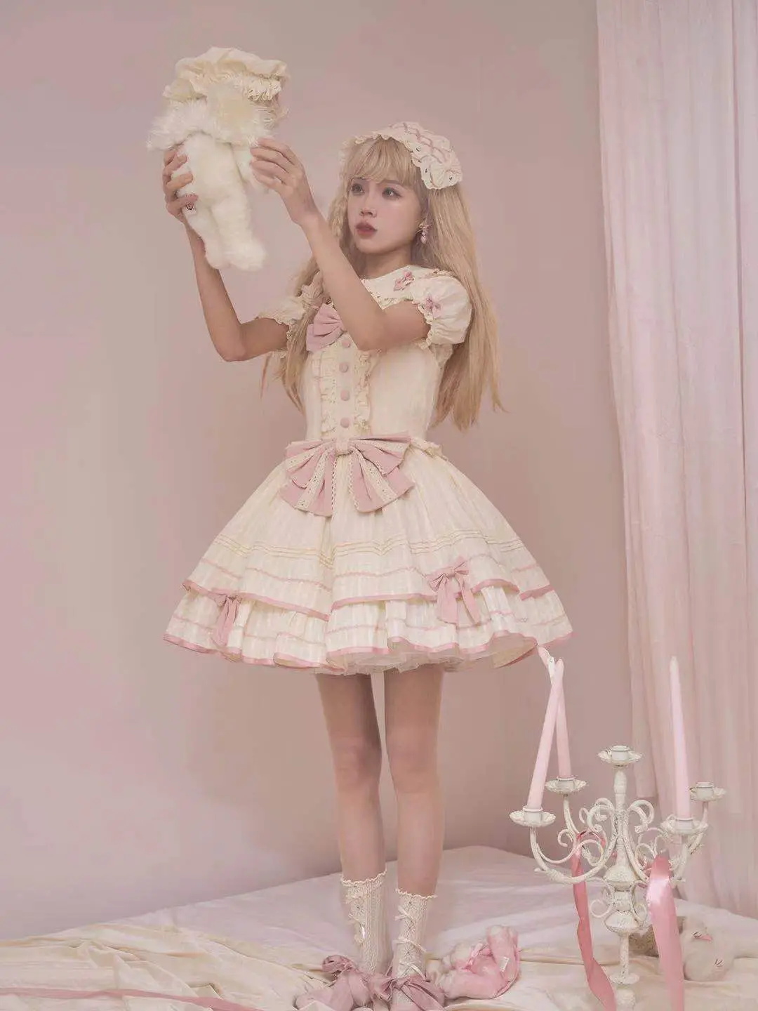 ฤดูร้อนญี่ปุ่นหวาน Lolita เสื้อผู้หญิง Peter Pan ปลอกคอเสื้อพัฟแขนสั้นเสื้อลําลองน่ารัก Kawaii สาว