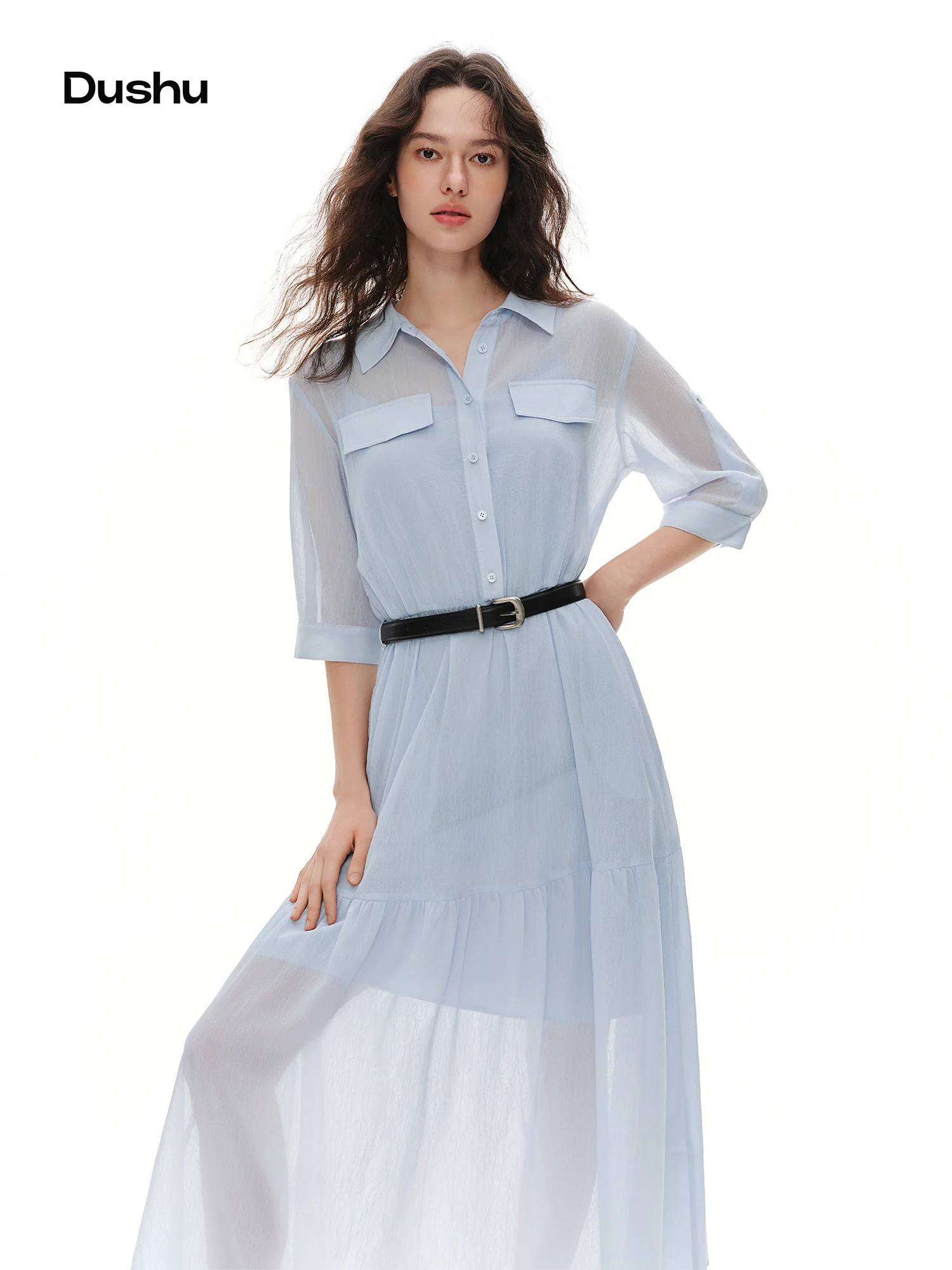 

DUSHU 2026 Summer Women's Deconstructed False Two Piece Dress, Textured Chiffon Tiered Midi Office Layering, Inclusive Sizing