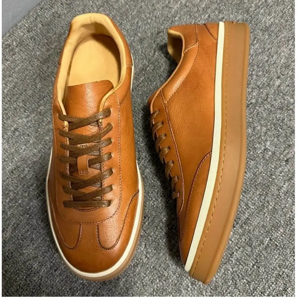 Premium Cognac Leather Retro Sneakers – Handcrafted Comfort, Timeless Vintage Style
