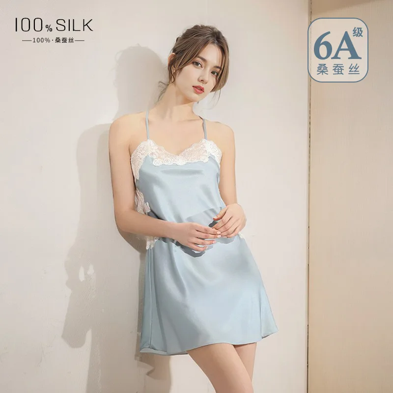 

Summer New Silk Nightgown Women's High-end Lace Patchwork 100% Mulberry Silk Sexy Backless Adjustable Suspender Skirt