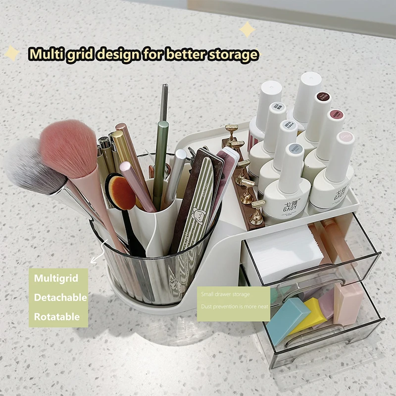 2 In 1 Large Capacity Rotatable Storage Pen Holder Drawer Nail Makeup Tools Storage Box Multifunctional Container