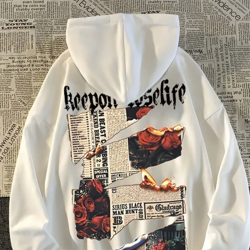 American High Street HipHop Rose Newspaper Pattern Decal Hooded Sweater for Men and Women Couple Loose Oversize Coat Clothing