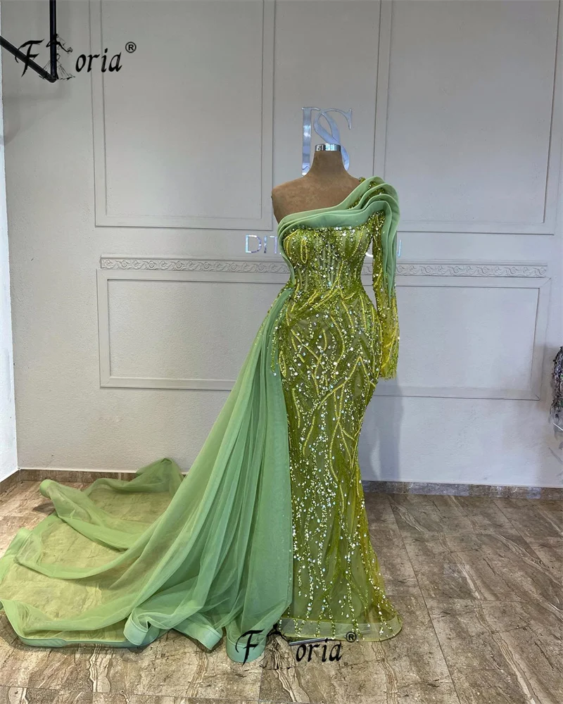 Elegant Dubai Green Formal Occasion Dress with Side Train Beading Long Sleeve Wedding Party Dresses Evening Award Ceremony Gown