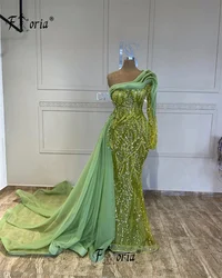 Elegante vestido verde de Dubai com trem lateral, miçangas, manga comprida, vestidos de casamento, noite, prêmio, cerimônia, ocasião formal