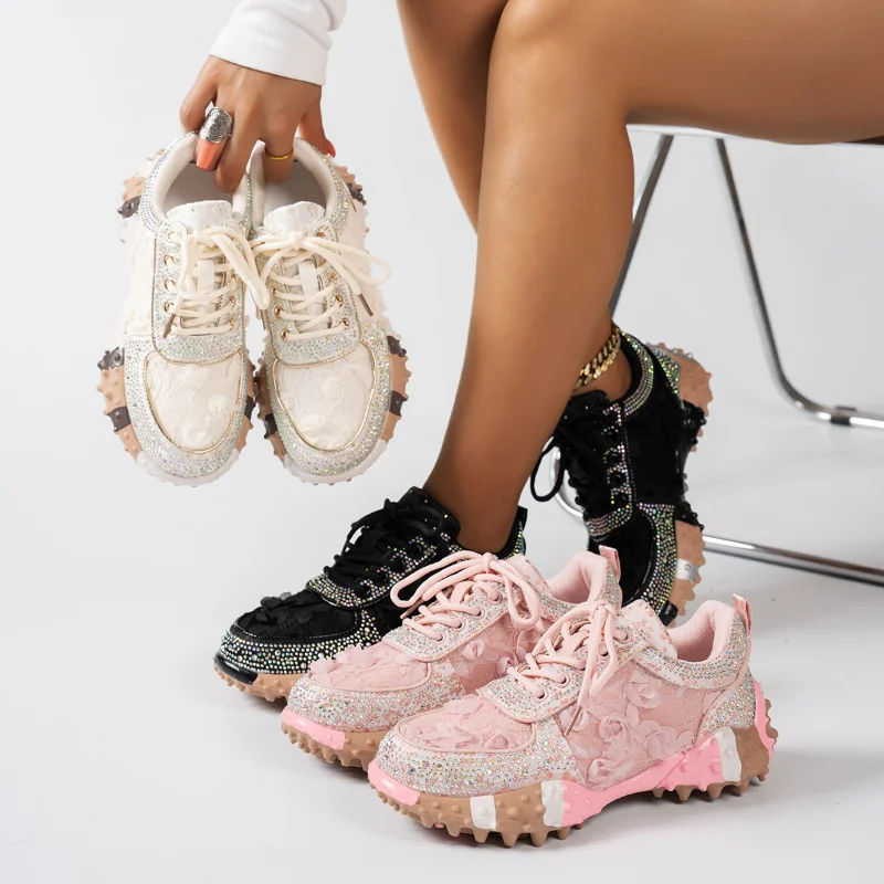 Women's Luxury Casual Sports Shoes Water Diamond Decoration Thick Bottom Mixed Color Women's Shoes Shining Designer Trendy Shoes