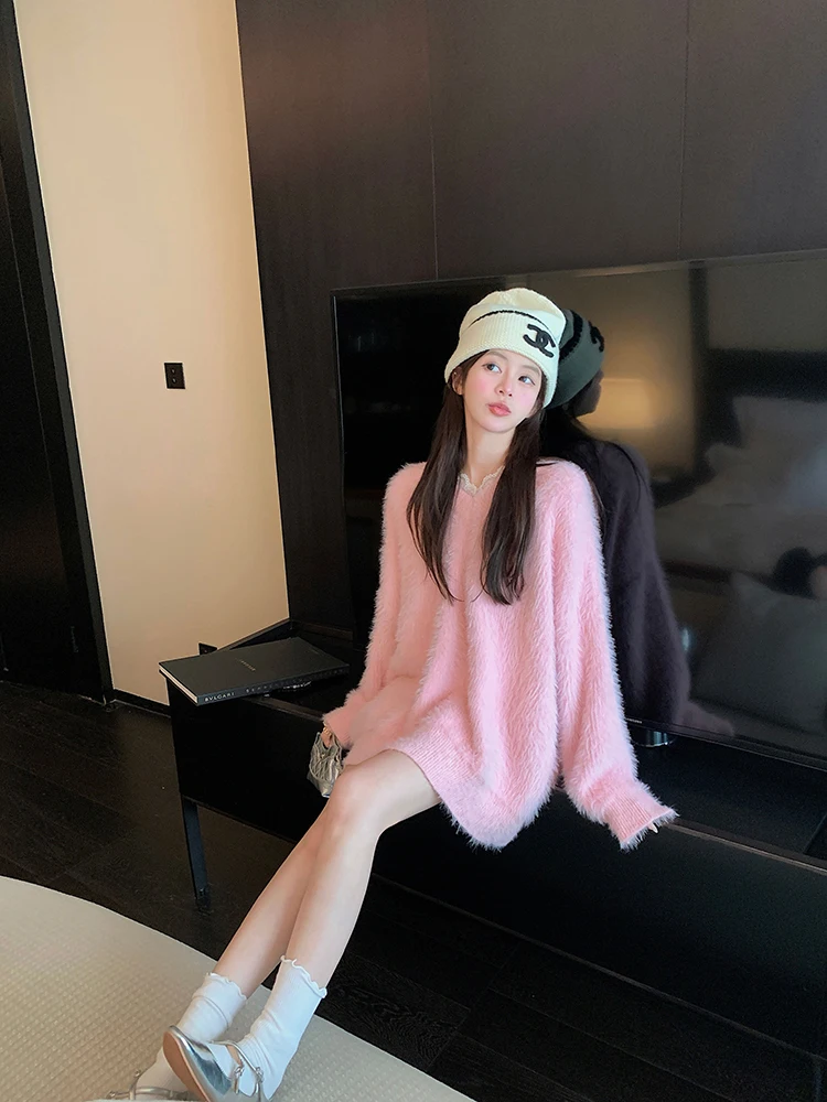 

Свободный женский вязаный свитер Chen DaYu, норковый бархат, V-Ne, кружевная отделка, длинный свеч средней длины, теплый зимний модный свитер