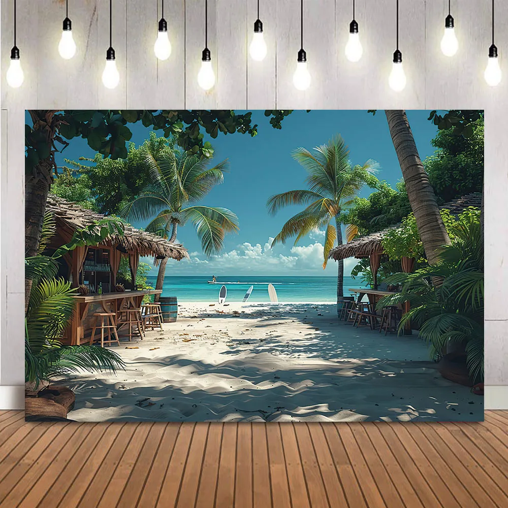 Telón de fondo con temática de playa, cartel de decoración de fiesta de cumpleaños, Océano, cielo azul, playa, palmeras tropicales, Luau