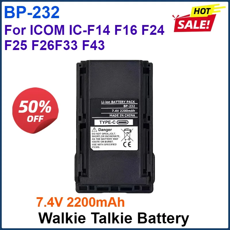 

7.4V 2200mAh BP-232 Walkie Talkie Battery Upgrade Type-C Charging Replacement Battery For ICOM IC-F14 F16 F24 F25 F26F33 F43