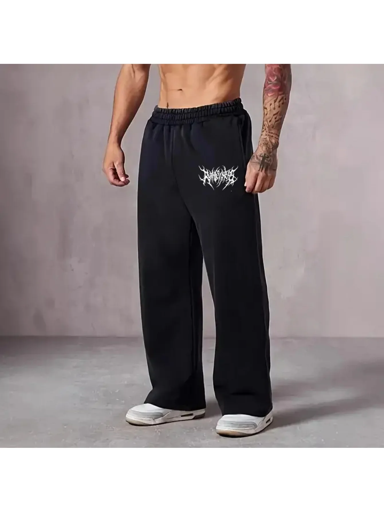 

Men's Gothic Letter Printed Wide Leg Pants, Winter Straight Leg Pants, Black Formal Casual Pants, Comfortable