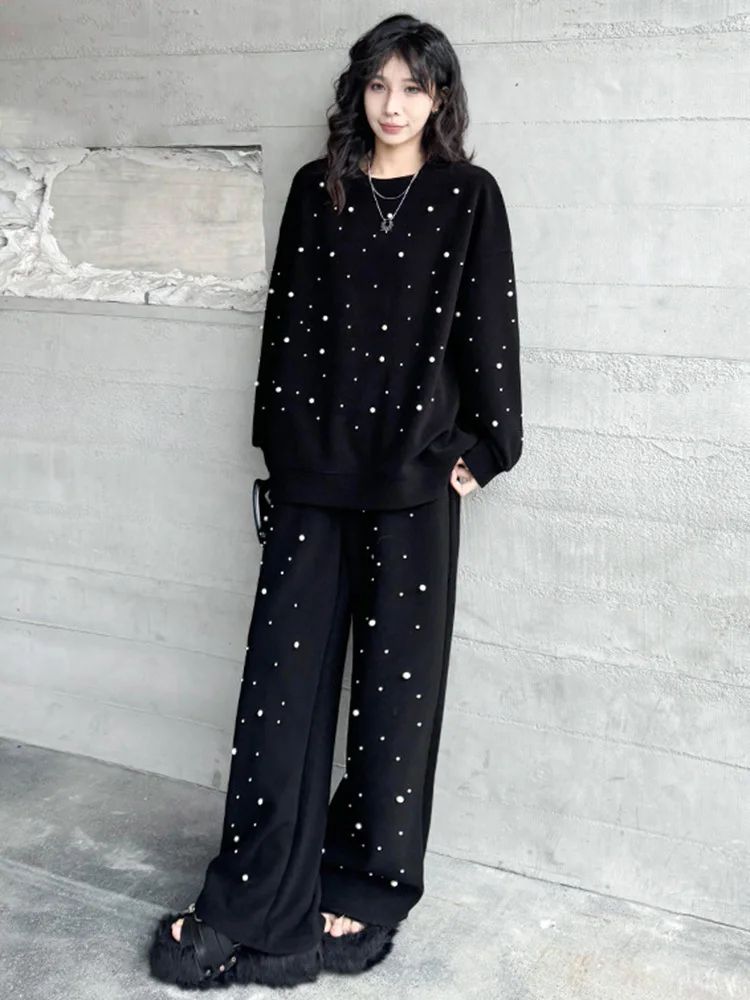 [EAM] Nailed Big Size Sweatshirt Wide Leg Pants 2 Pcs Suit New Round Neck Long Sleeve Women Fashion Spring Autumn 2025 1DH4795