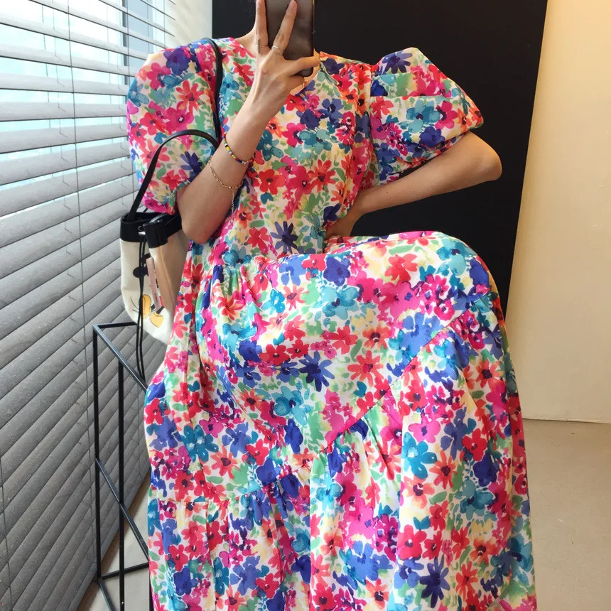 

Colorful colors floral dress puff sleeve O nock Loose party dresses summer robe longue korean big midi cool vrouw jurk 2024 New