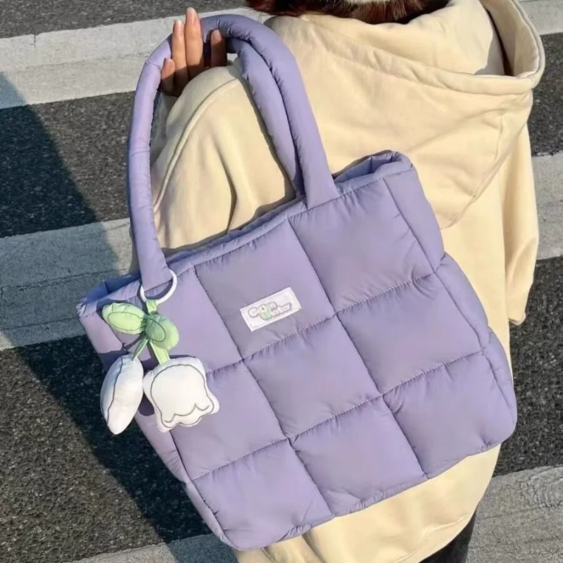 Cute Cotton-filled Shoulder Bags for Women Fashion Female Large Capacity Tote Underarm Bag Ladies Handheld Handbags Purple White