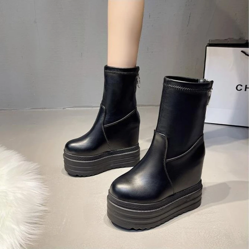 2026 New Autumn Women Mid-Calf Boots Leather Platform Shoes Fashion Thick Sole 12cm Female Boots Rubber Sole Women Autumn Shoes