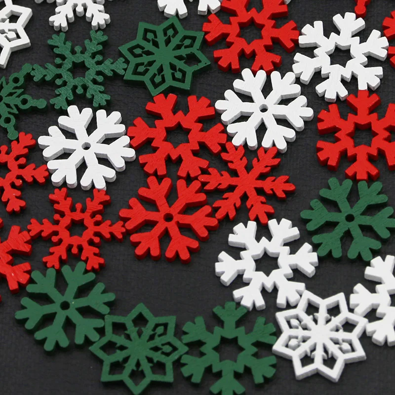 (50pcs/pack) 23mm Wooden Christmas Snowflake Wood Chip Hanging Decoration Colorful Christmas Party Handmade Home Accessories DIY