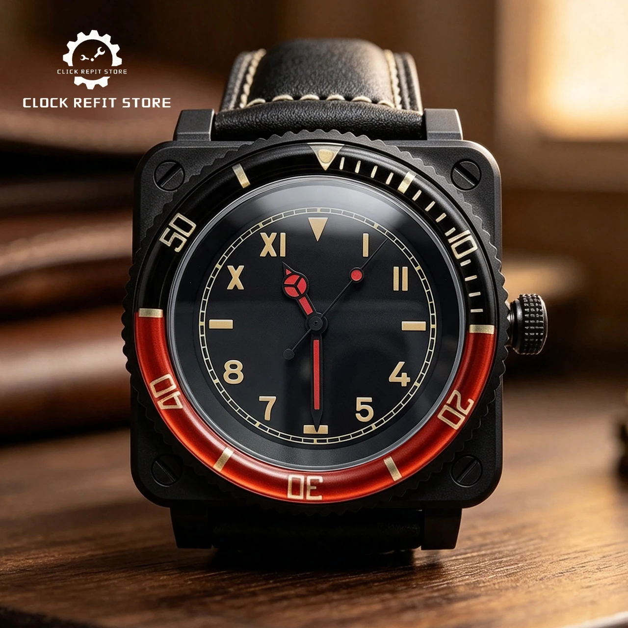 New Arrival 42mm NH35 Square Black Watch, Luminous Dial Sapphire Crystal Aluminum Bezel Leather Band, Top Quality Classic Style