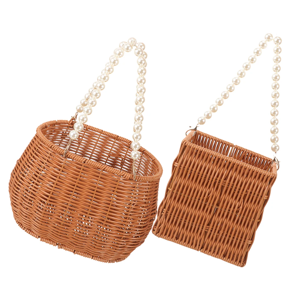 

2pcs Imitation Rattan Woven Basket Portable Fruit Storage Sundries Organizer Decorative Flower Handheld Container Wedding Party