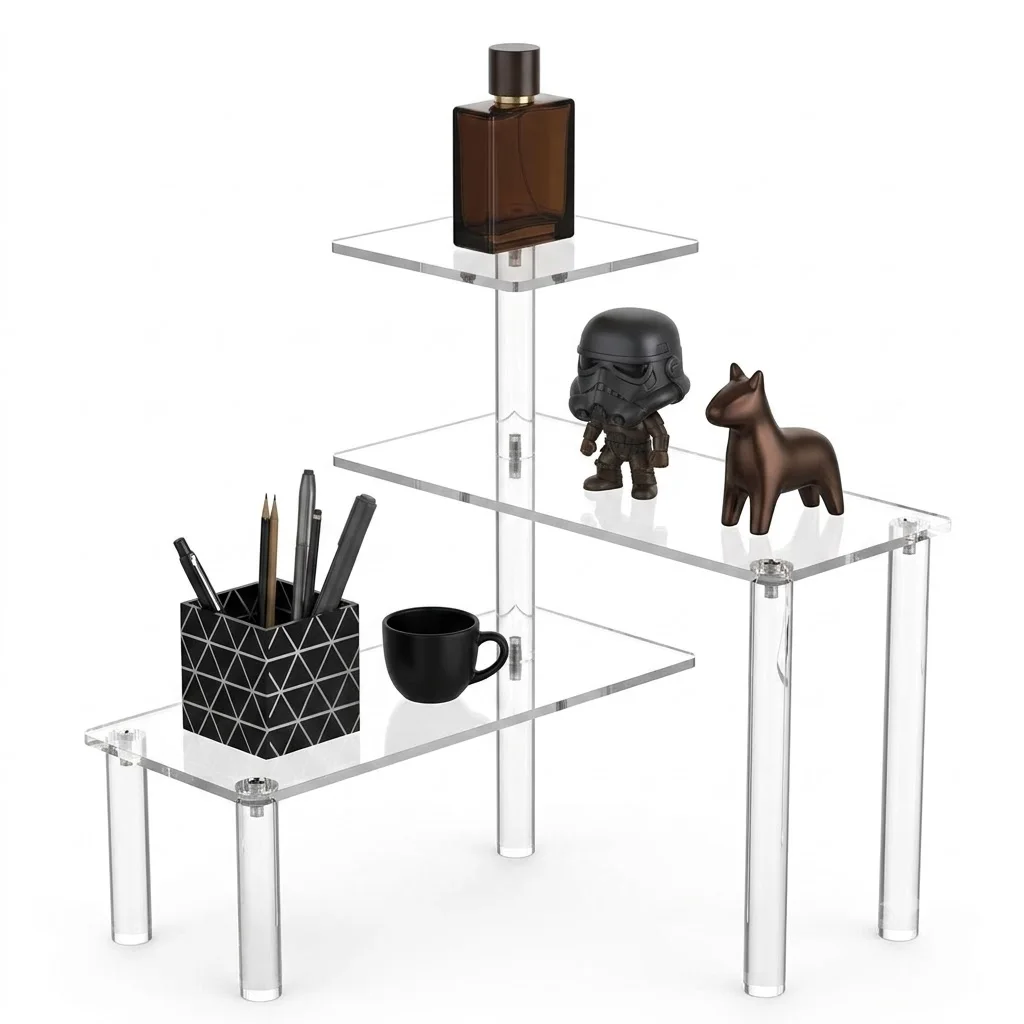 

Acrylic Corner Shelf Organizer 3 Tier, Clear Rotating Countertop Display Riser with 360° Swivel Tiers for Bathroom, Kitchen Spice Jars, Coffee Bar, Desk, Dresser, Study Room Books Storage