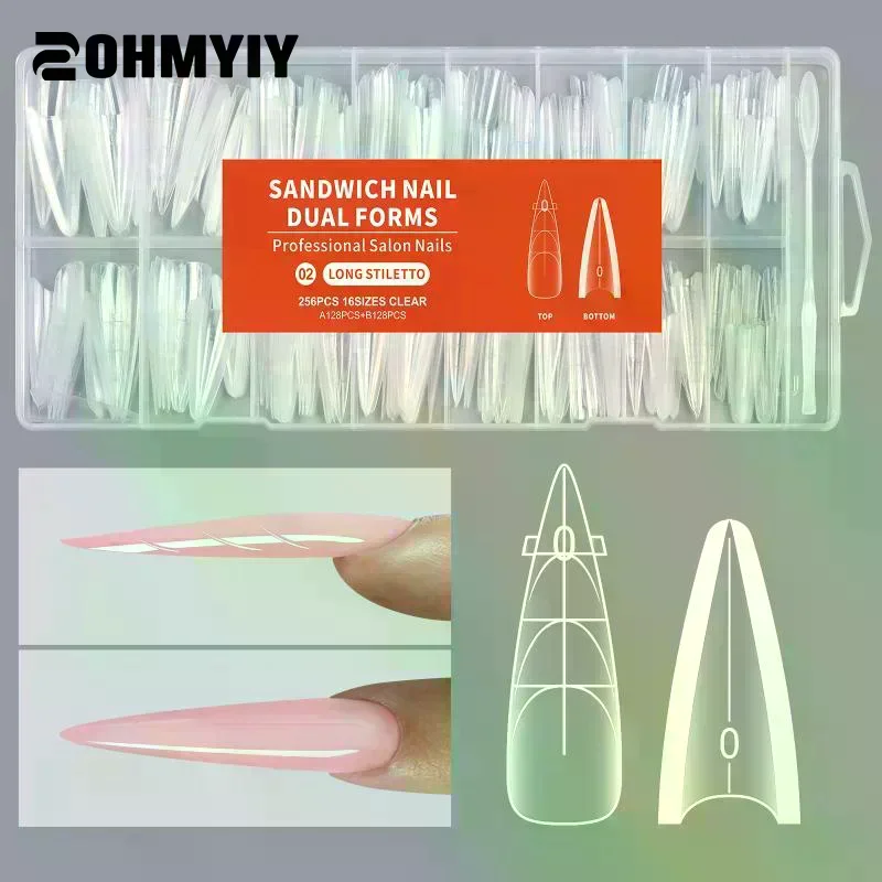 

256pcs Sandwich Dual Nail Mode For Nail Extension Almond Coffin 16 Size Reusable Top Bottom Forms Nail Art Extension Tools
