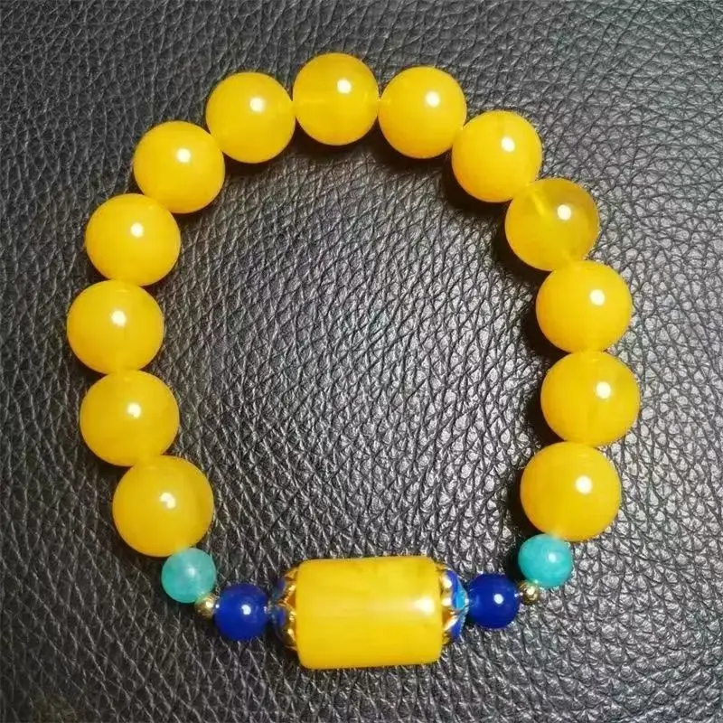 Chicken Fat Amber Round Beads Bracelet for Women, Elegant Simple Bangle with Cylindrical Bead & Blue Stone, Fashion Jewelry Gif
