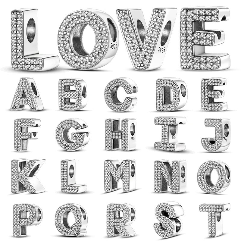 Original 26 A-Z letra do alfabeto encantos grânulo 925 prata esterlina ajuste pingente pulseira colar diy charme feminino menina jóias presente