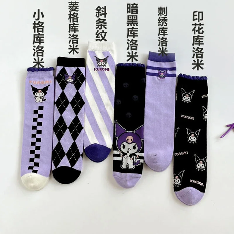 3Pcs Kuromi Children Socks Kawaii Sanrio Anime Cotton Breathable Girls Mid-Tube Socks Cute Cartoon Soft Socks Tide Gift for Kids