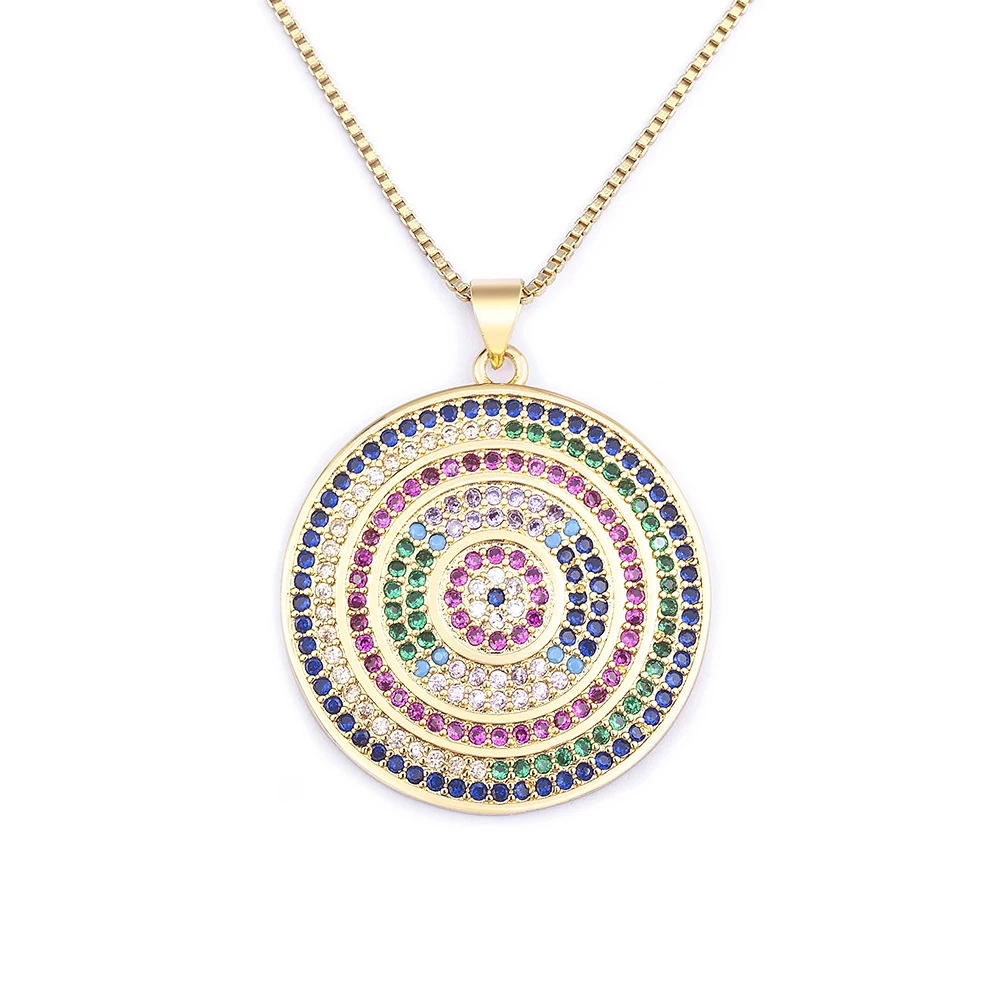 Nidin Vintage Multi Layered Round Coin Colorful Zircon Pendants Necklaces For Women Bohemia Gold Plated Long Chain Jewelry Gift