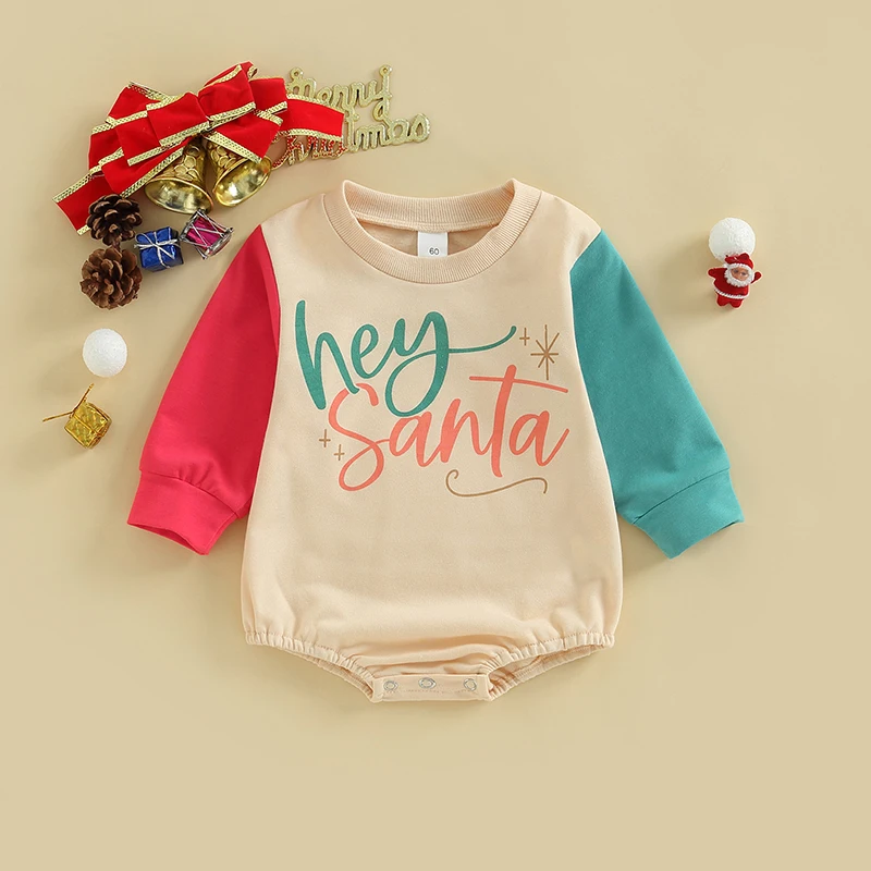 

Infant Holiday Jumpsuit Stylish Two-Tone Sleeved Round Neck Outfit with Festive Print for Baby s First Christmas