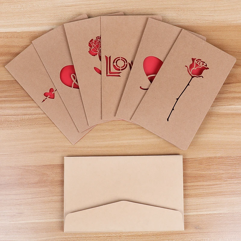 Valentine'day Card With Envelopes Hollow Rose Heart Love Letter Folding Greeting Card Kraft Paper Wedding Invitation Best Withes