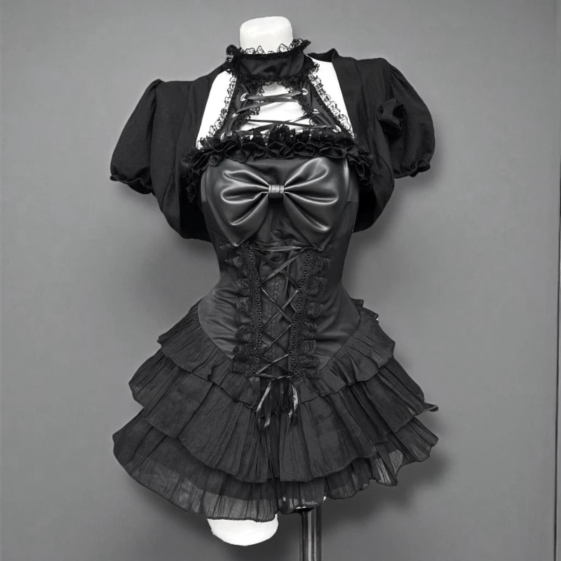 Japan Gothic Style Lolita Skirt Set Women Punk Black Short Cardigan Bow Lace Slash Darkly Dress Suit Female Y2k Slim 2 Piece Set