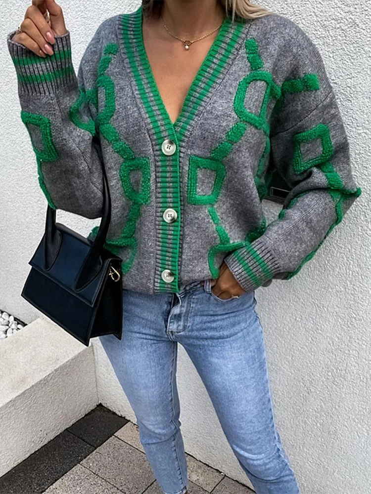 2023 Women Cardigan Green Striped Pink Knit Button Lady Cardigans Sweaters V-neck Loose Casual Winter Fashion Knitted Coat